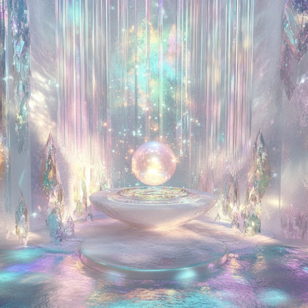 Enchanted crystal sanctuary with floating orb and ethereal lights.の素材