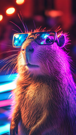 Stylish capybara in neon glasses and vibrant ambient light.の素材
