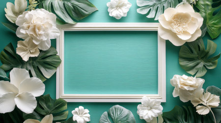 Elegant white frame with lush green and white floral border on teal background.の素材