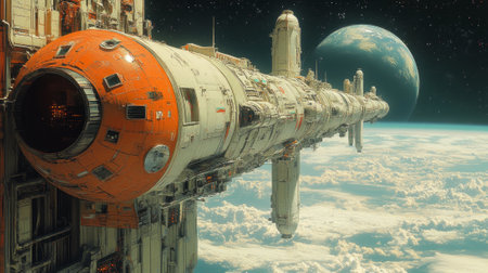 Futuristic spacecraft orbiting earth with detailed design and earth in background.の素材