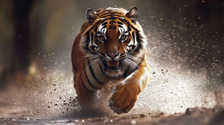 Majestic bengal tiger charging through forest with intensity and power.の素材