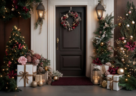 Festive christmas porch with decorations and gift boxes.の素材
