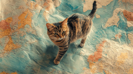 Curious tabby cat exploring a wrinkled world map.の素材