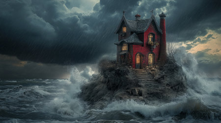 Isolated red house amidst stormy seas and dramatic skies.の素材