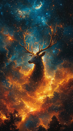 Majestic cosmic deer illuminated by vibrant stellar clouds in night sky.の素材