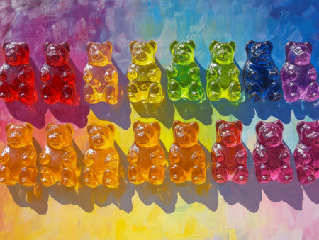 Colorful gummy bears on rainbow background with shadows.の素材