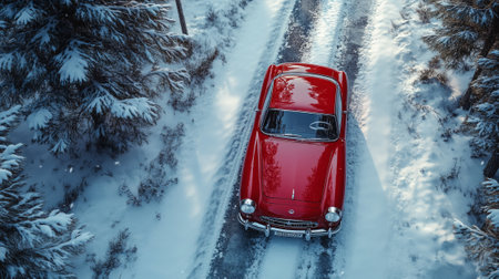 Classic red car driving through snowy forest on winter day.の素材