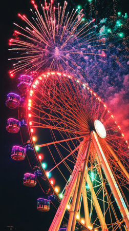 Vibrant nighttime ferris wheel with fireworks display.の素材