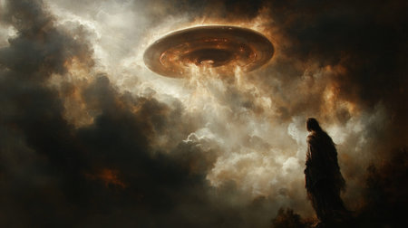 Mysterious alien spaceship hovering in dramatic skies with enigmatic figure below.の素材