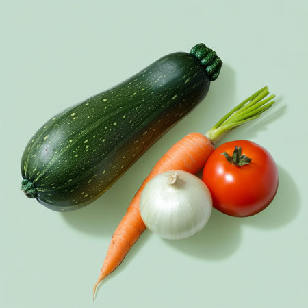 Fresh vegetables on green background: zucchini, carrot, onion, and tomato.の素材