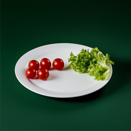 Fresh cherry tomatoes and crisp lettuce on white plate against dark green background.の素材