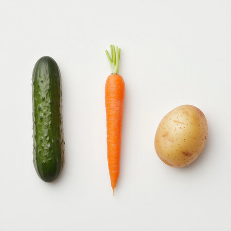 Fresh vegetables - cucumber, carrot, and potato on white background.の素材