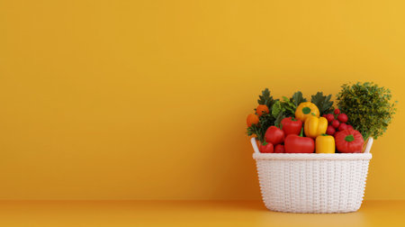 Vibrant basket of fresh vegetables against bright yellow background.の素材