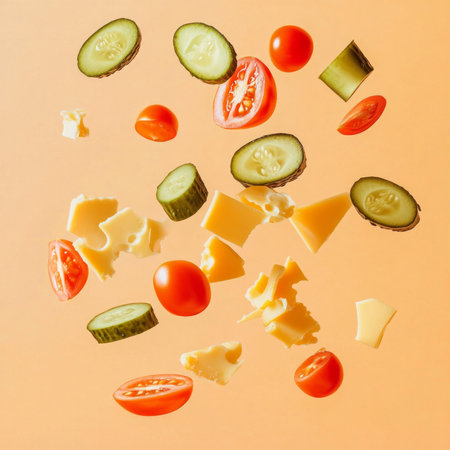 Floating cheese, cucumber, and tomato slices on an orange background.の素材