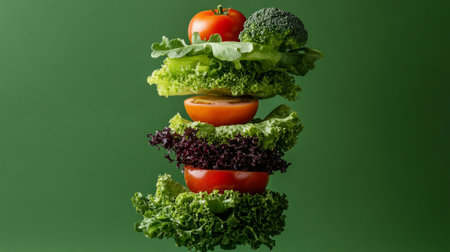 Vibrant stack of fresh vegetables on green background.の素材