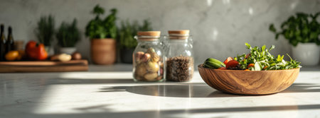 Sunlit kitchen counter with fresh vegetables and herbs in wooden bowl.の素材