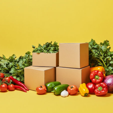 Fresh vegetables and cardboard boxes on yellow background with herbs and peppers.の素材