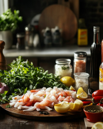 Fresh ingredients for cooking: chopped fish, herbs, and lemons on wooden board in kitchen scene.の素材