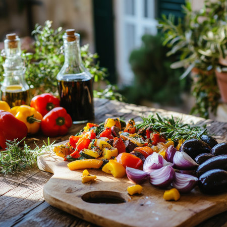 Colorful mediterranean vegetables with olive oil and herbs on wooden table.の素材