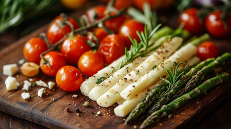 Fresh white and green asparagus with cherry tomatoes and herbs on wooden board.の素材