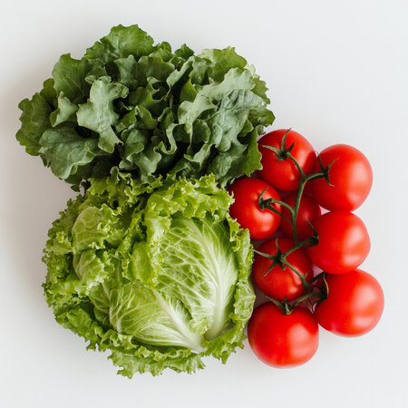 Fresh green lettuce and ripe red tomatoes on white background.の素材