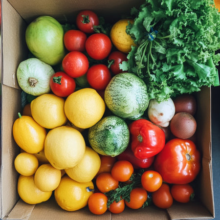 Fresh organic produce box with lemons, tomatoes, and green vegetables.の素材