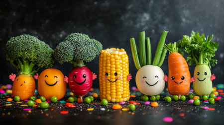 Happy animated vegetables with faces: broccoli, corn, carrot, and more on a colorful background.の素材