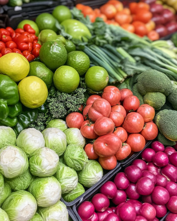 Colorful variety of fresh vegetables and fruits at a market stall.の素材