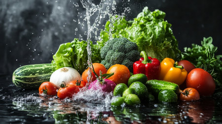 Fresh vegetables washed with water splash on dark background.の素材