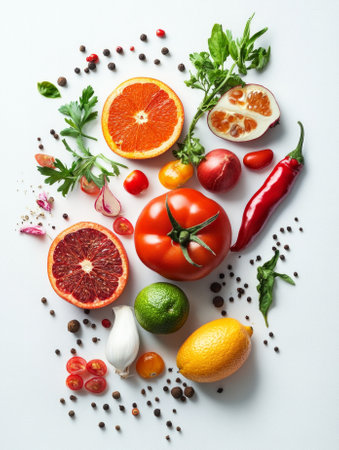 Fresh assortment of fruits and vegetables on white background with herbs and spices.の素材