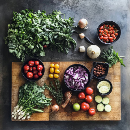 Fresh vegetables on wooden board with herbs and spices.の素材