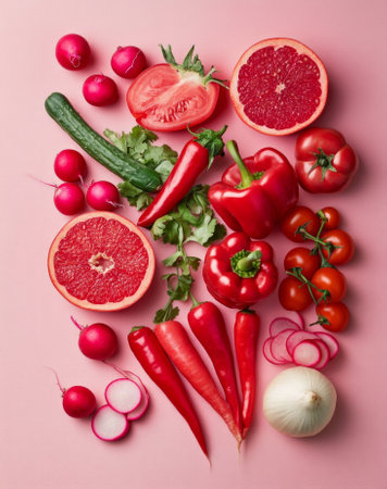 Fresh red vegetables and fruits arrangement on pink background.の素材