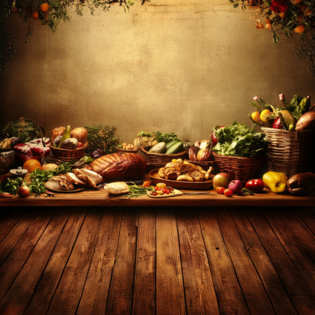 Rustic harvest feast with bread, vegetables, fruit, and wine on wooden table.の素材