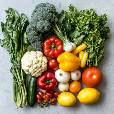 Fresh assorted vegetables display featuring broccoli, peppers, and tomatoes.の素材