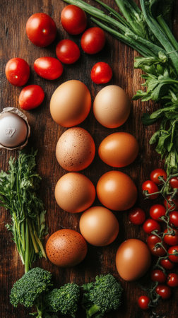 Fresh eggs with tomatoes, broccoli, and greens on rustic wooden table.の素材