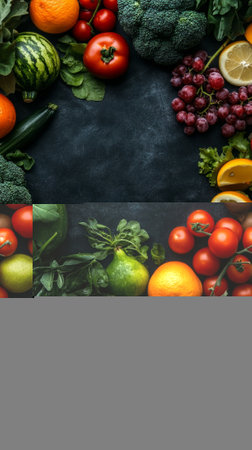 Fresh assorted fruits and vegetables on dark slate background.の素材