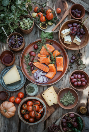 Rustic autumn feast with fresh salmon, cheese, and garden produce on wooden table.の素材