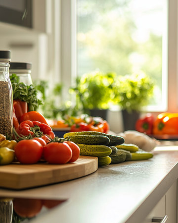 Fresh vegetables on kitchen counter with sunlit herbs and seeds.の素材