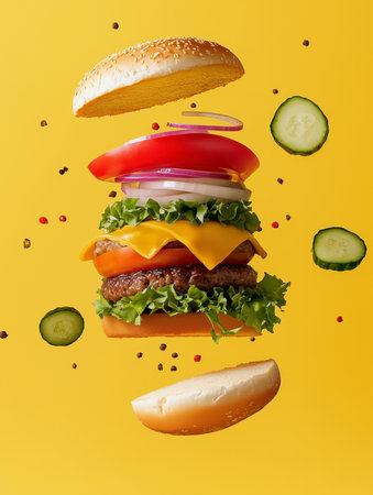 Floating burger with fresh ingredients on yellow background.の素材