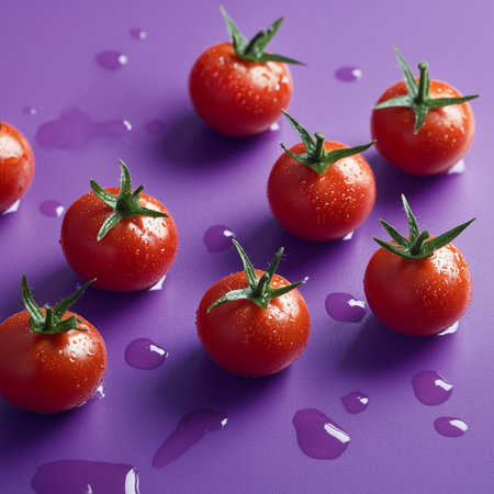 Fresh cherry tomatoes on vibrant purple surface with water droplets.の素材