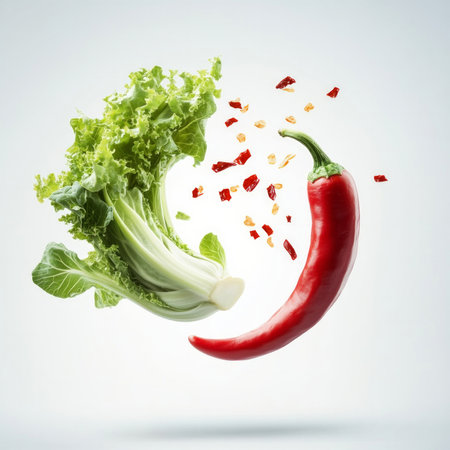 Fresh green lettuce and spicy red chili pepper with floating sliced pieces.の素材