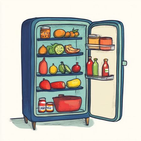 Colorful vintage refrigerator filled with fresh fruits and vegetables.の素材