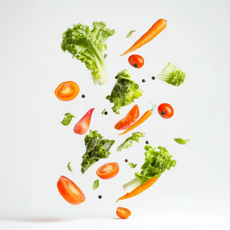 Fresh vegetables in mid-air: lettuce, tomato, carrots, and peppercorns on white background.の素材