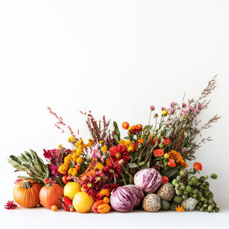 Vibrant autumn harvest with pumpkins, flowers, and gourds on white background.の素材