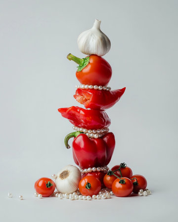Colorful stack of red peppers, tomatoes, garlic, and pearls on a white background.の素材