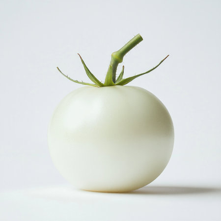 Unique white tomato on minimalist background highlighting natural simplicity.の素材