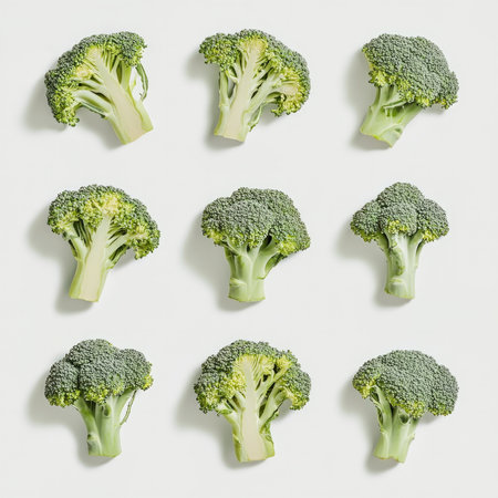 Arrangement of fresh broccoli florets on light background.の素材