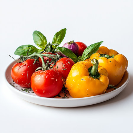 Fresh tomatoes and bell peppers on a white plate with basil and herbs.の素材