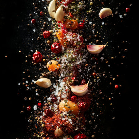 Dynamic mix of spices and ingredients against a black background.の素材