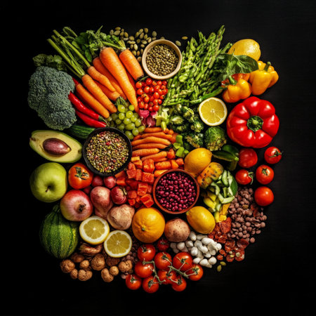 Colorful arrangement of fresh fruits and vegetables on black background.の素材